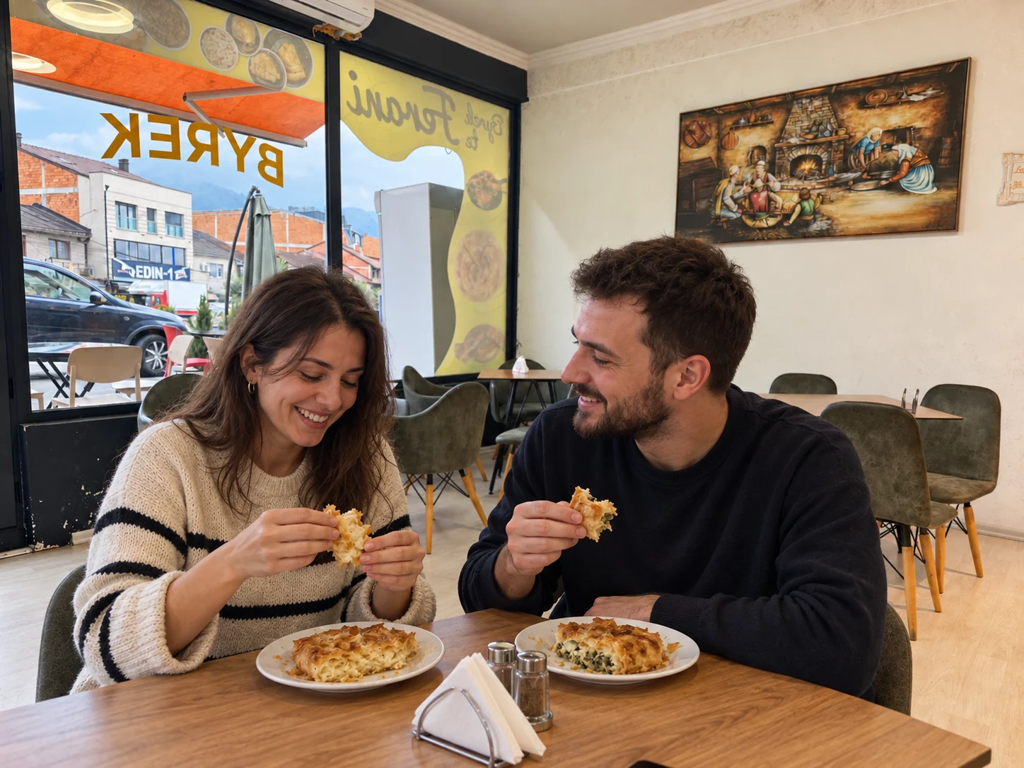 Skenë ilustruese e dy mysafirëve duke shijuar byrekun në ambientin e Feranit